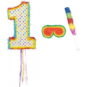 Verjaardag Pinata nummer 1 van 104 x 40 cm - set met stok en masker