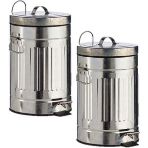 2x stuks vuilnisbakken/pedaalemmers zilver 7 liter 34 cm metaal - Afvalemmers - Prullenbakken