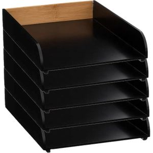 Kantoor postbakje/brievenbak A4 formaat stapelbaar - 5x - zwart - bamboe hout
