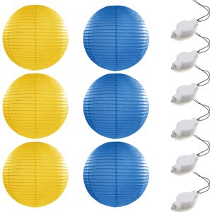 Setje van 6x stuks luxe geel/blauw bolvormige party lampionnen 35 cm met lantaarnlampjes