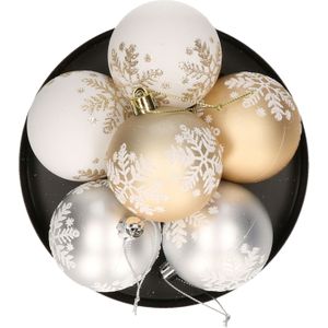 Gedecoreerde kerstballen - 12x st - 6 cm - kunststof - goud/wit/zilver
