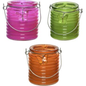 Citronella kaars - 3x - in windlicht - roze/groen en oranje - 20 branduren - citrusgeur