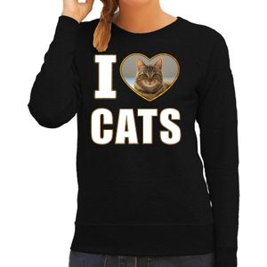 I love cats sweater / trui met dieren foto van een bruine kat zwart voor dames