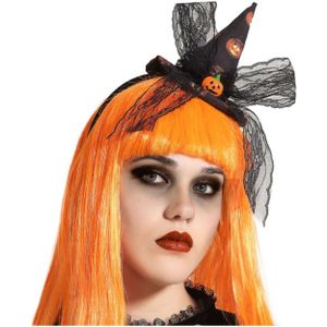 Halloween heksenhoed - mini hoedje op diadeem - one size - zwart/oranje - meisjes/dames