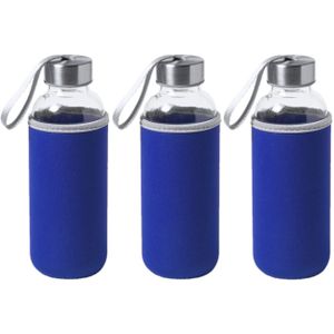 3x Stuks glazen waterfles/drinkfles met blauwe softshell bescherm hoes 420 ml