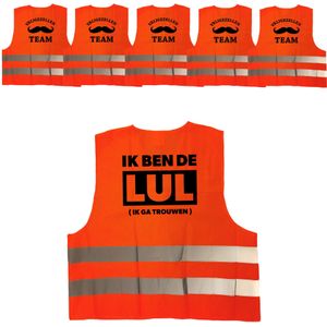 Vrijgezellenfeest heren hesjes pakket: 1x Ik ben de Lul oranje  5x Vrijgezellen team hesje oranje