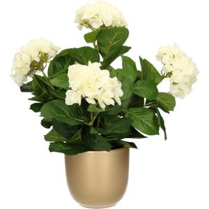 Hortensia kunstplant/kunstbloemen 45 cm - wit - in pot goud glans
