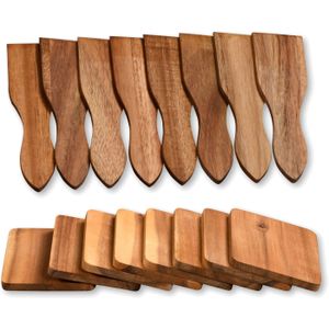 Gourmetspatels met onderzetters set - 16x - acacia hout - gourmetten - racletten - grillen