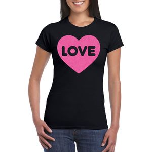 Gay Pride T-shirt voor dames - liefde/love - zwart - roze glitter hart - LHBTI