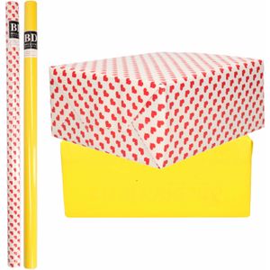4x Rollen kraft inpakpapier liefde/rode hartjes pakket - geel 200 x 70 cm