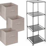 Kastmandjes/opberg manden - beige - 3x stuks van 29 Liter - In metalen rekje van 34 x 98 cm