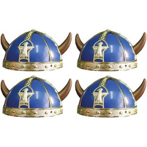 4x stuks gallier/Vikingen verkleed helm blauw met hoorns