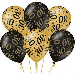 6x stuks leeftijd verjaardag feest ballonnen 30 jaar geworden zwart/goud 30 cm