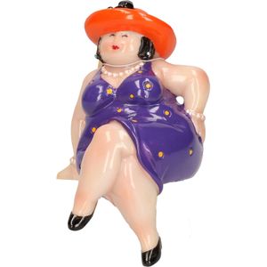 Woonkamer decoratie beeldje - zittend - dikke dame - jurk paars - 15 cm