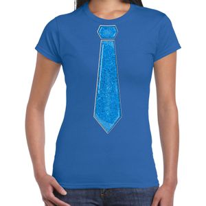Verkleed t-shirt voor dames - stropdas glitter blauw - blauw - carnaval - foute party