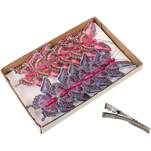 Kerstboom vlinders op clip - 12x stuks - roze en paars - 9 cm - kunststof