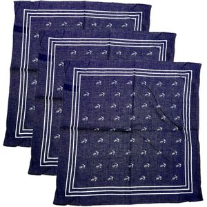 Matroos/kapitein/piraten zakdoek - 3x - blauw - met ankers patroon - 55 x 55 cm
