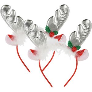 Kerst diadeems/haarbanden - 2x - rendier gewei met oren - zilver - polyester - accessoires