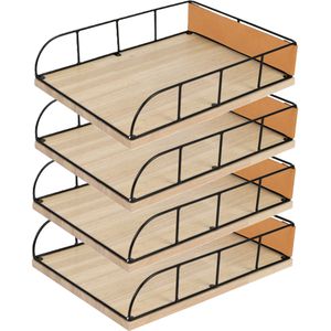 Brievenbakje/documenten opbergbak - 4x - zwart/beige - metaal/hout - L24 x B32 x H7 cm