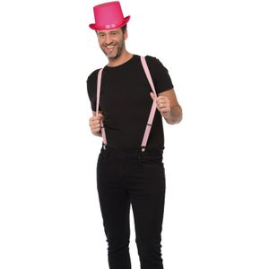 Carnaval verkleedset hoed en bretels - roze - volwassenen/unisex - feestkleding accessoires
