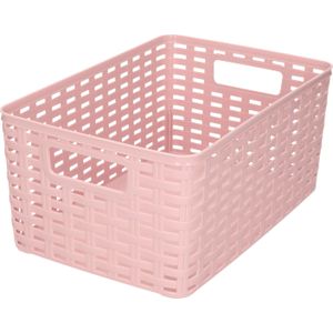 Rotan gevlochten opbergmand/opbergbox kunststof - Oud roze - 19 x 29 x 13 cm - Kast mandjes