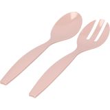 Salade/fruit serveer schaal - wit - kunststof - Dia 28 cm - met roze sla couvert/bestek