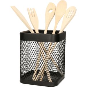 Keukengerei kooklepels spatels set 5-delig - bamboe - in zwart rvs houder van 17 cm