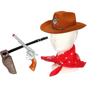 Carnaval verkleeds set cowboyhoed Kentucky - bruin - rode hals zakdoek - holster met revolver