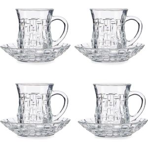 Set van 8x stuks Marokkaanse theeglazen inclusief schotel 125 ml - Theekopjes/koffiekopjes van glas - Kop en schotel transparant