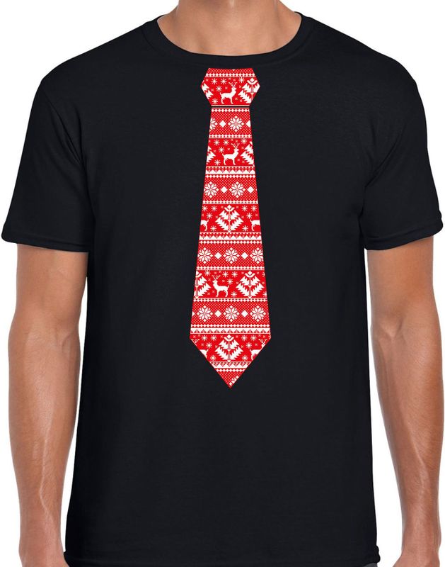 Bellatio Decorations stropdas Kerst t-shirt kerstpatroon - shirt - heren - zwart