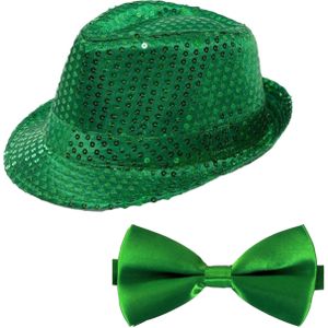 Carnaval verkleed set compleet - hoedje en vlinderstrikje - groen - heren/dames - glimmend