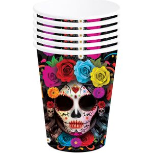 Day of the dead feest bekers - 18x - gekleurd - papier - 240 ml