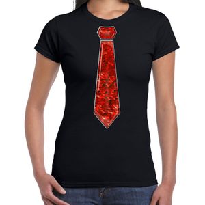 Verkleed t-shirt voor dames - stropdas rood - pailletten - zwart - carnaval - foute party