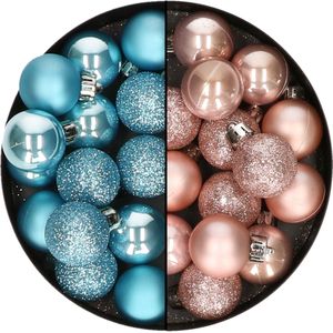 Kleine kerstballen - 28x st - lichtroze en ijsblauw - 3 cm - kunststof