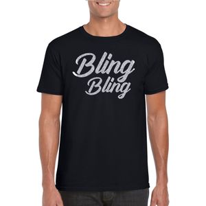 Glitter en Glamour feest t-shirt heren - bling bling zilver - zwart - feestkleding