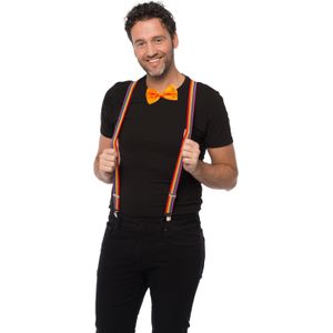 Carnaval verkleedset bretels en strik - regenboog - oranje - volwassenen/unisex - feestkleding
