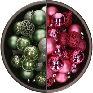 74x stuks kunststof kerstballen mix van salie groen en fuchsia roze 6 cm