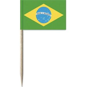 150x Braziliaanse Cocktailprikkers 8 cm - Groen/Geel/Blauw Vlaggetje - Landen Thema Feestartikelen