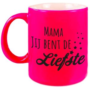 Mama jij bent de liefste mok / beker fluor neon roze - cadeau Moederdag / verjaardag