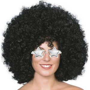 Carnaval verkleed afropruik - zwart - krullen - heren - Seventies/Disco thema - met ster zonnebril