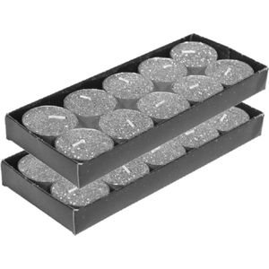Gerim theelichtjes/waxinelichtjes kaarsjes- 20x - zilver glitters 3,5 cm