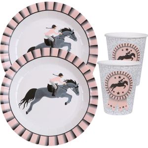 Paarden thema feest wegwerp servies set - 10x bordjes / 10x bekers - grijs/roze