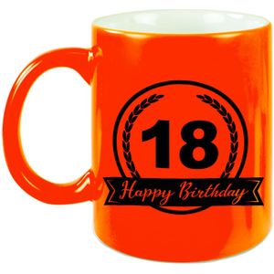 Happy Birthday 18 years cadeau mok / beker neon oranje met wimpel 330 ml