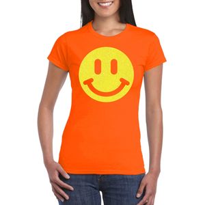 Verkleed T-shirt voor dames - smiley - oranje - carnaval/foute party - feestkleding