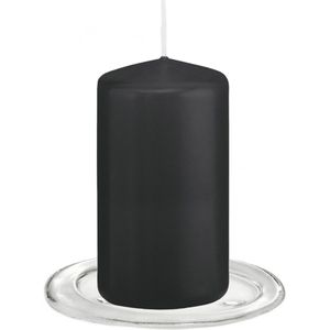 Trend Candles - Stompkaarsen met glazen onderzetters set van 2x stuks zwart 6 x 12 cm
