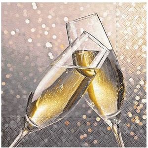 60x Champagne thema servetten met glazen 33 x 33 cm