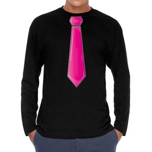 Verkleed shirt voor heren - stropdas roze - zwart - carnaval - foute party - longsleeve