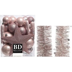 Kerstversiering kerstballen 5-6-8 cm met ster piek en folieslingers pakket lichtroze van 35x stuks