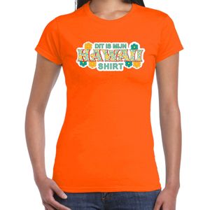 Hawaii shirt zomer t-shirt oranje met groene letters voor dames