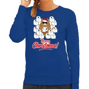 Foute Kerstsweater / outfit met hamsterende kat Merry Christmas blauw voor dames